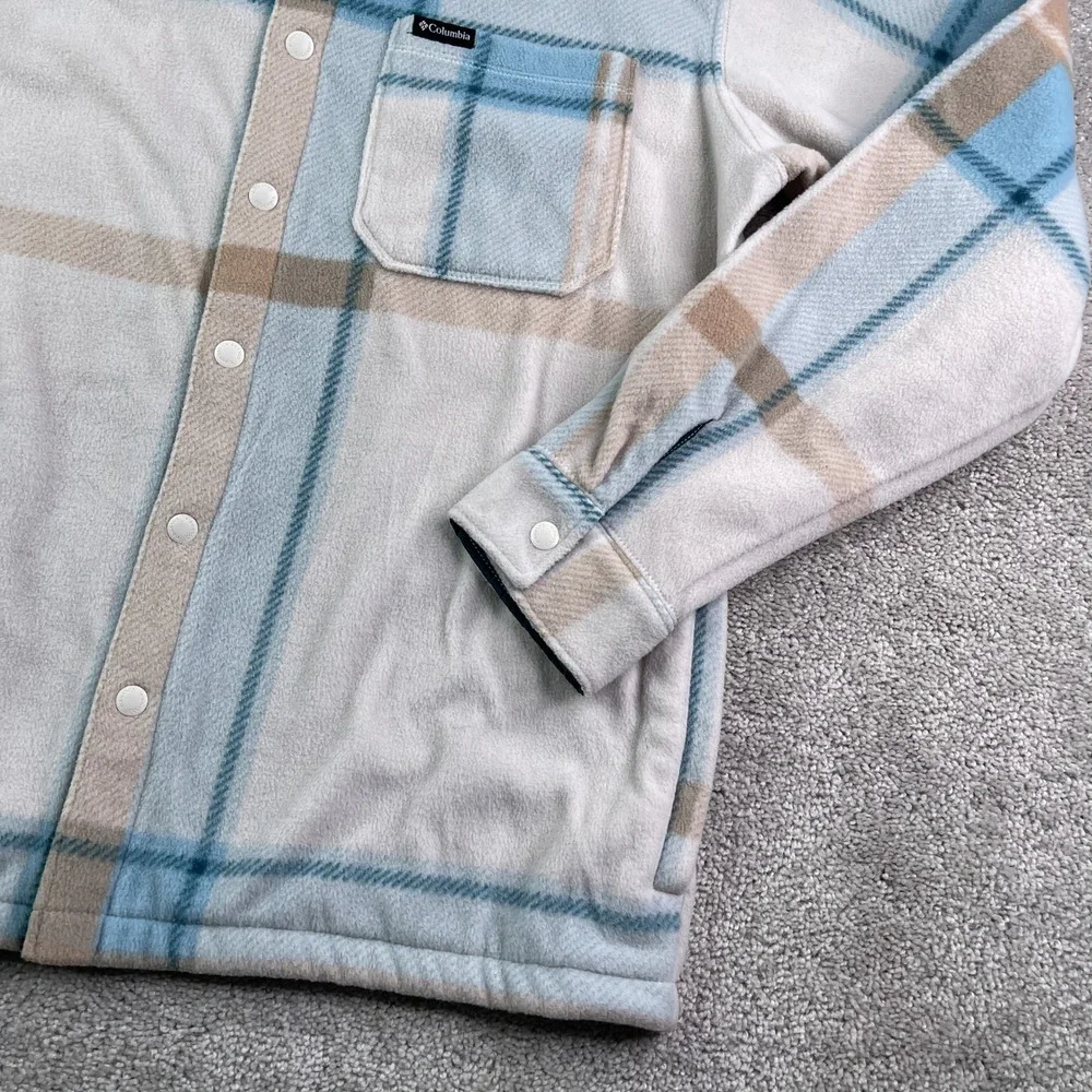 Columbia Shirt Mens Medium Blue Tan Plaid Steens Mountain Fleece Snap Shacket